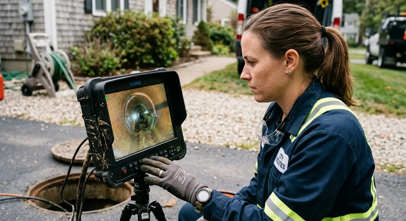 Technician reviewing sewer camera inspection footage in West Deer