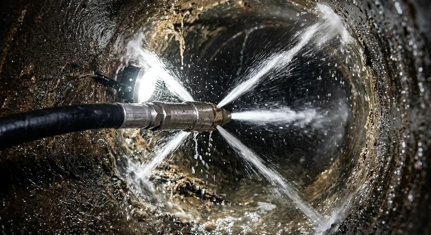 High-pressure hydro jetting nozzle cleaning sewer pipe for Storm Drain Cleaning in West Deer