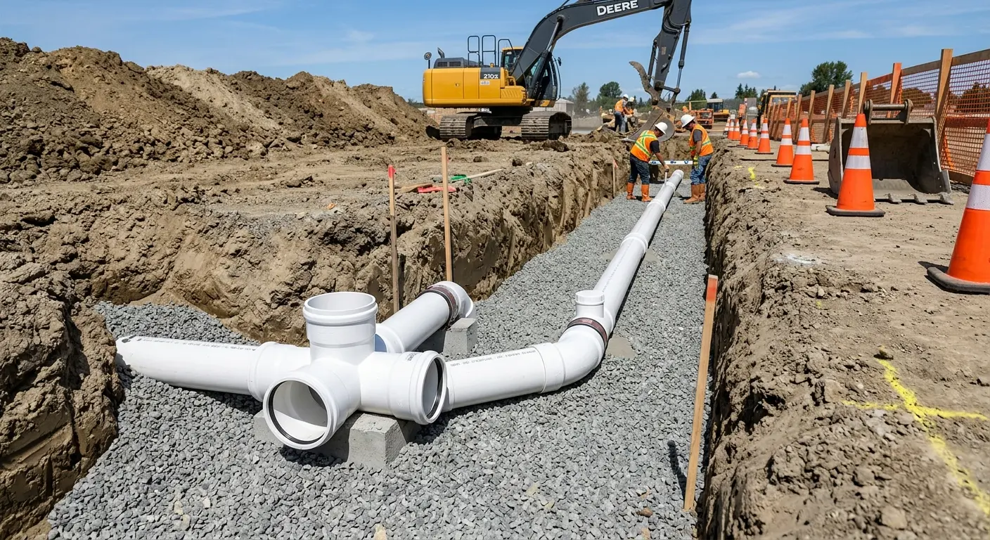 New PVC sewer pipe installation in open trench for Commercial Drain Cleaning in West Deer