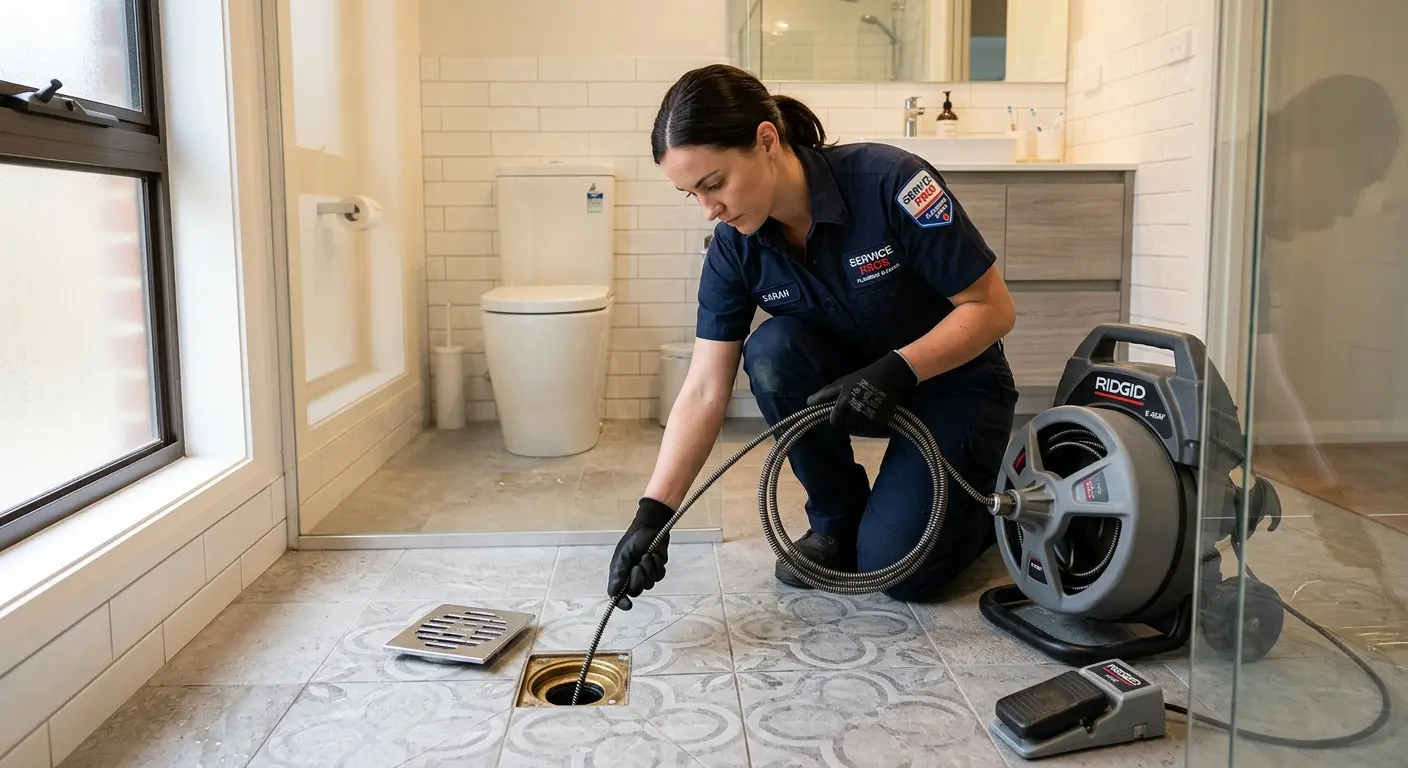 Technician clearing a bathroom floor drain for Sewer Line Replacement in West Deer